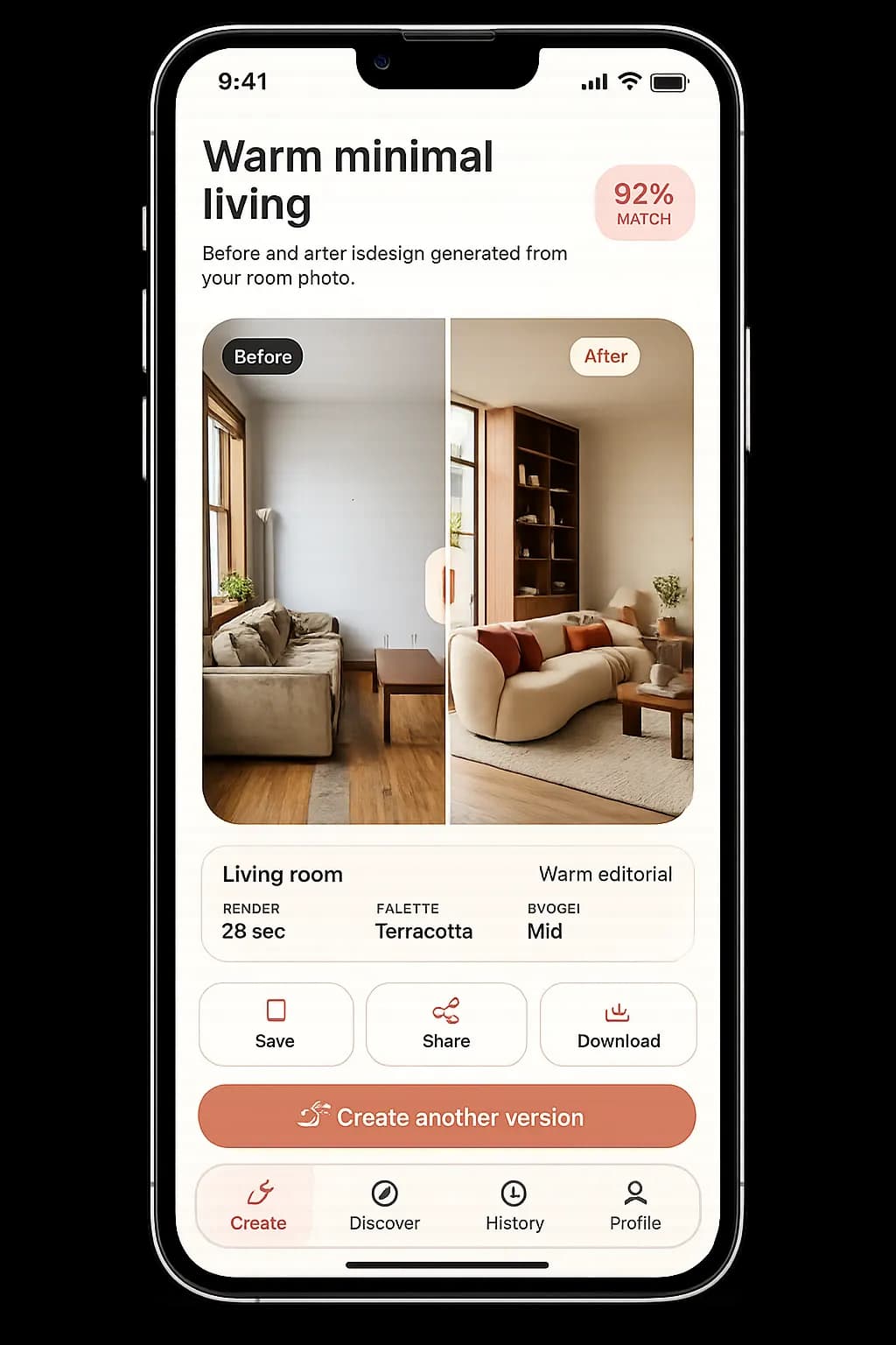 Roomlio app shown inside an iPhone mockup with a warm minimal living room redesign