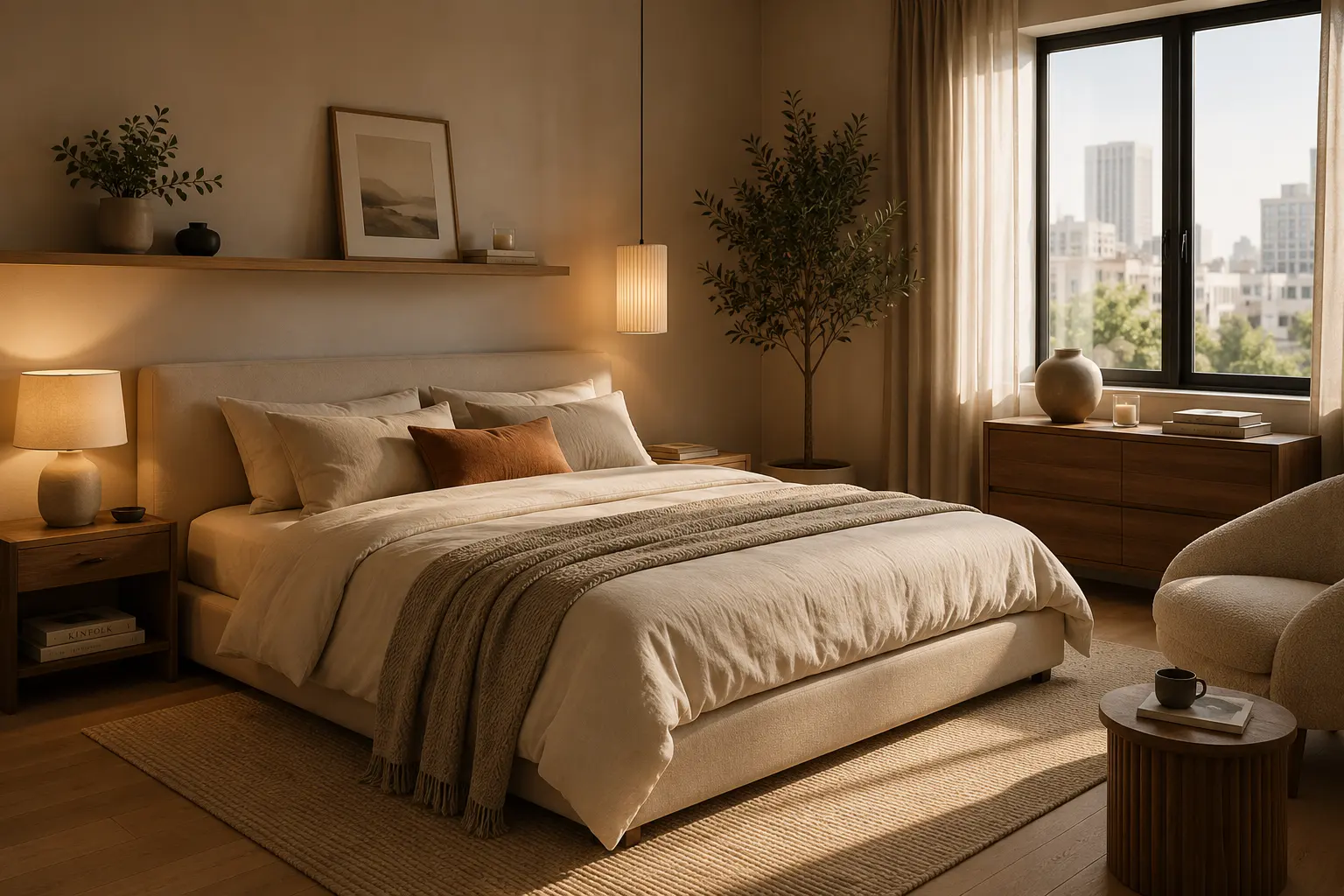 Warm modern minimalist bedroom with beige bedding, wood furniture and soft natural light