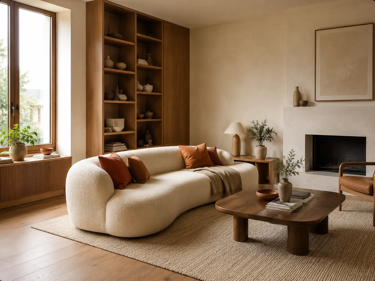 Warm modern living room with a cream sofa, natural wood and terracotta accents