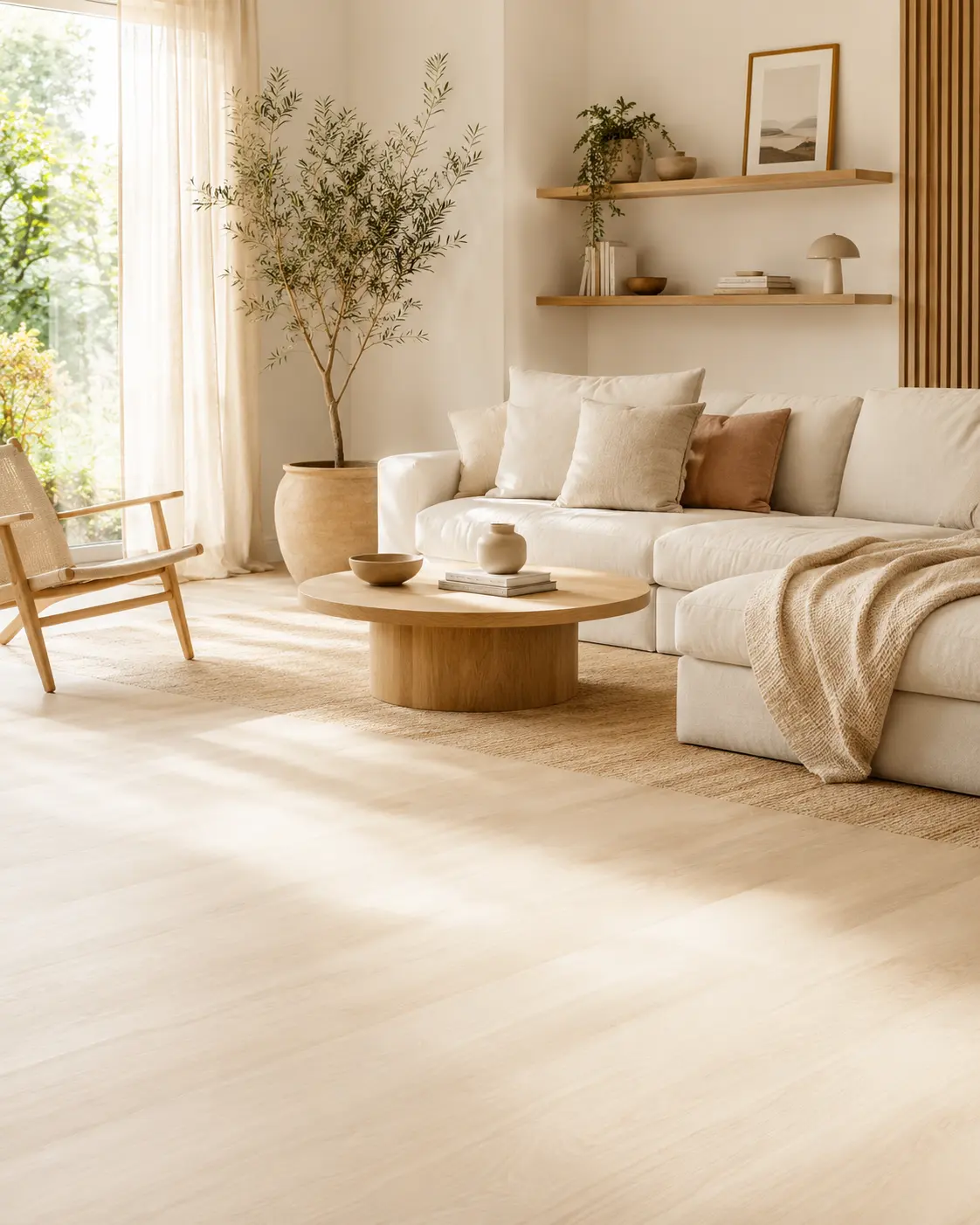 Bright Scandinavian living room with light wood, soft textiles and natural greenery