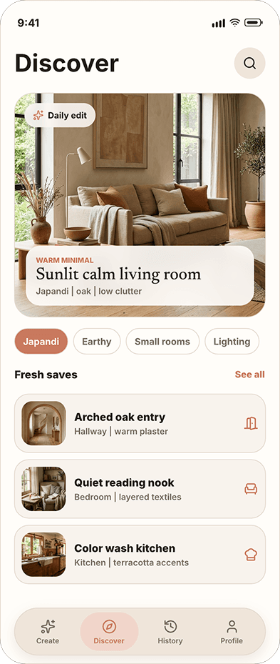 Roomlio Discover screen showing curated interior design inspiration