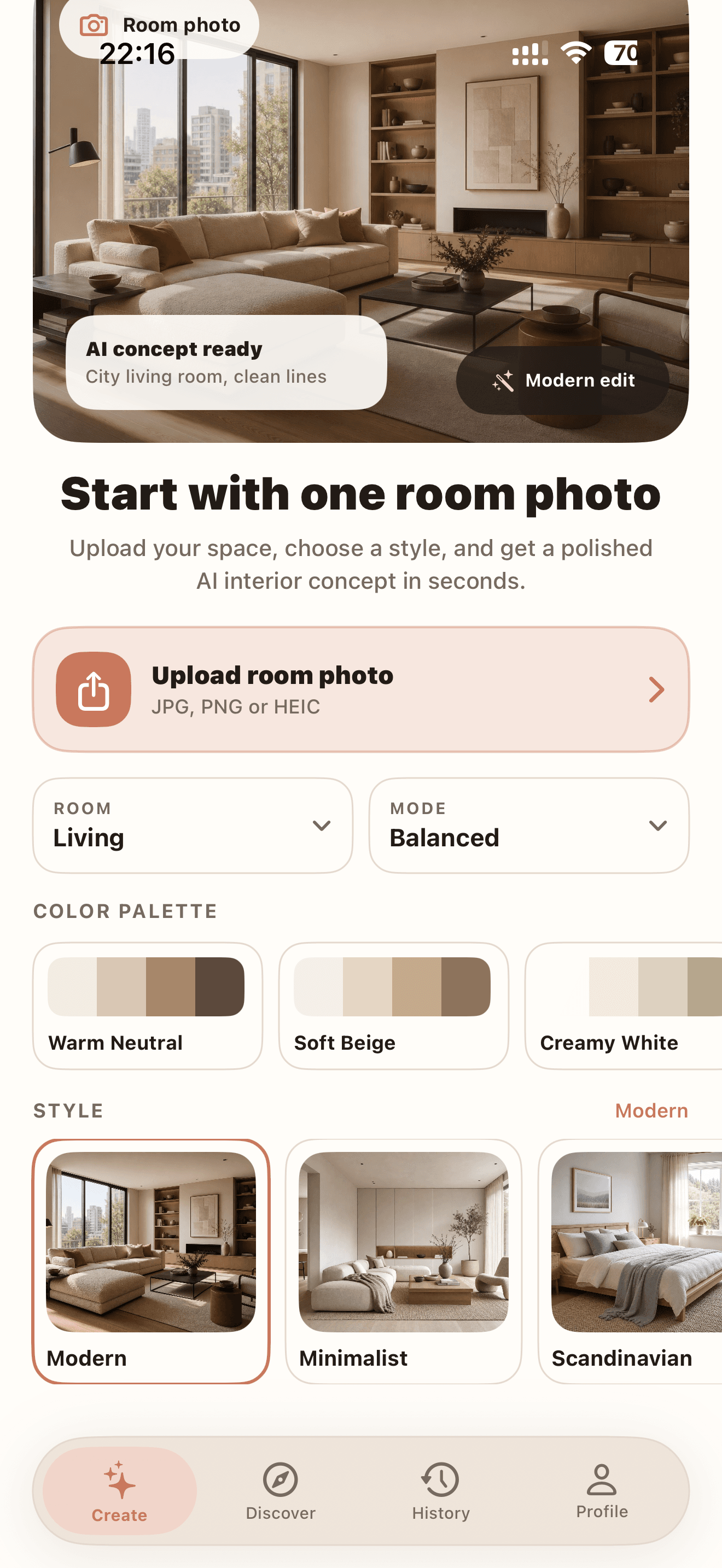 Roomlio app interface showing room photo upload, palette selection and style selection