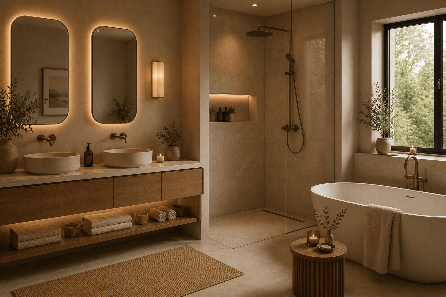 Warm spa-like modern bathroom with natural stone, wood, soft lighting and a freestanding bathtub