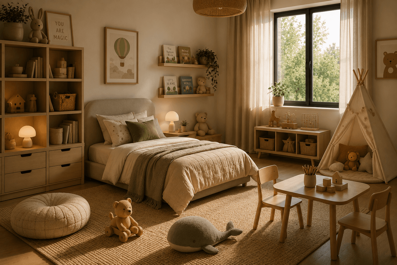 Warm Scandinavian kids room with natural wood, soft textiles, toys and a cozy play area