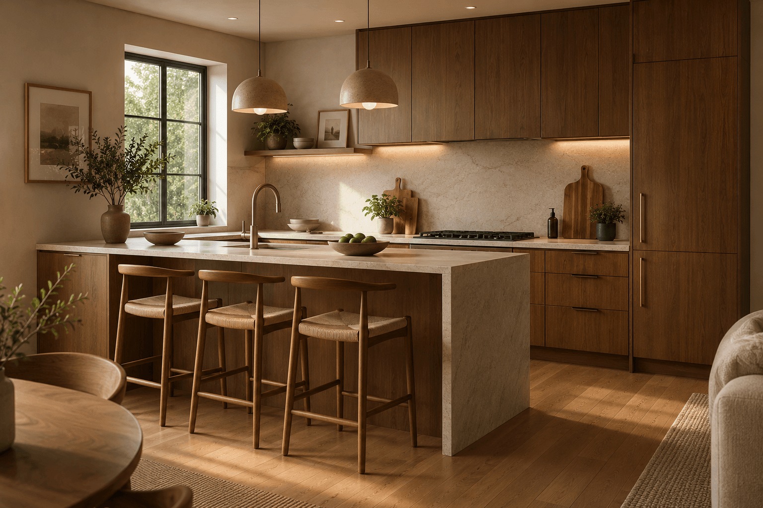 Warm modern kitchen with dark wood cabinetry, a light stone island and soft natural light